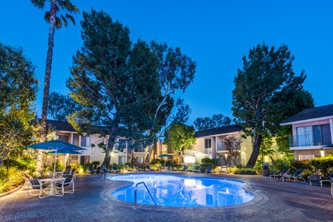 Year-round resort-style heated pool at Village Pointe Apartments, California